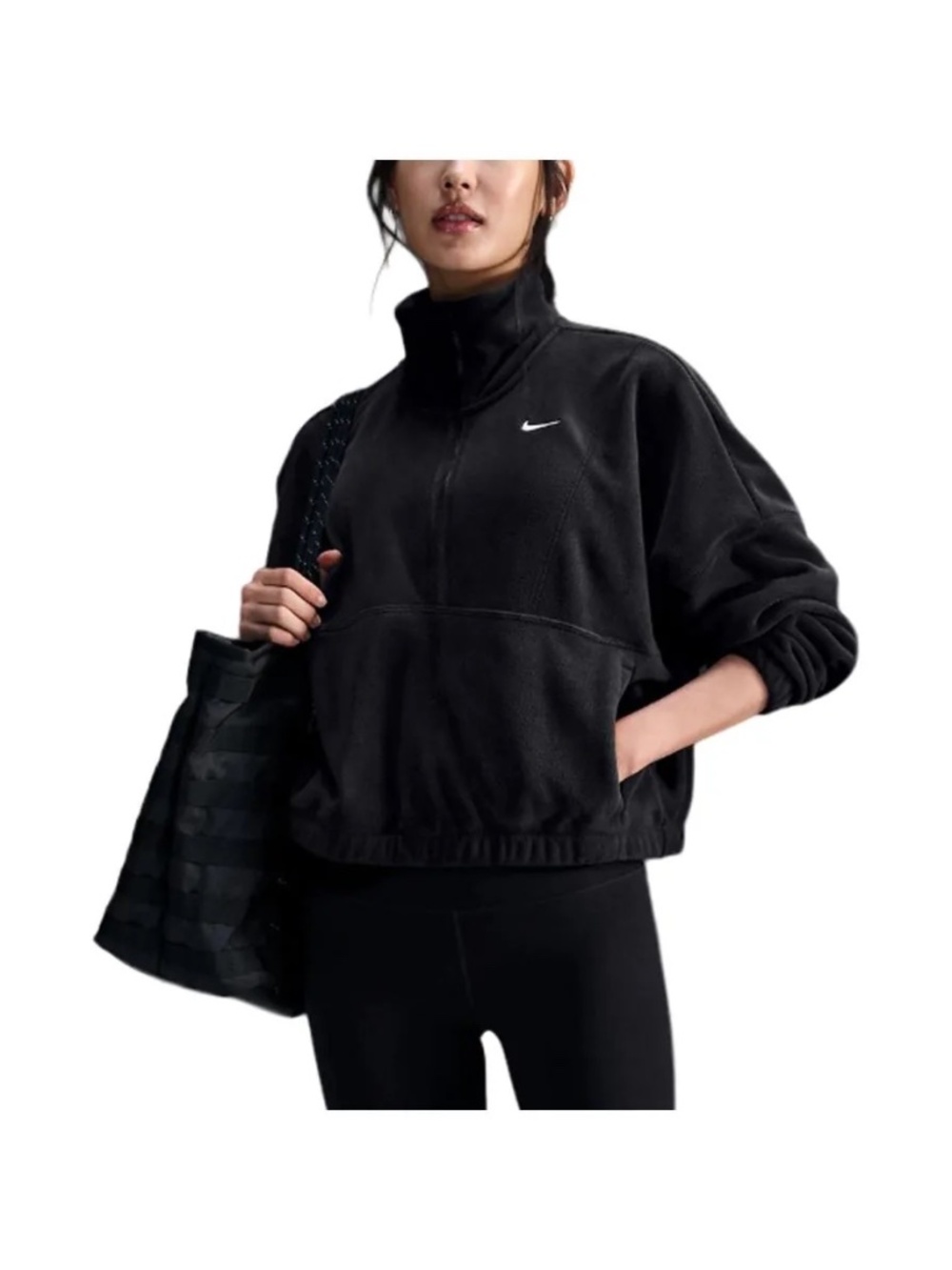 Nike One Women's Therma-FIT Oversized 1/2-Zip Fleece Top Black/White Med NWT
